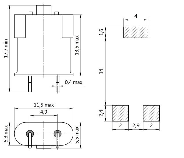 Габаритные, установочные и присоединительные размеры кварцевого резонатора РК456 МД (ТМП) для поверхностного монтажа