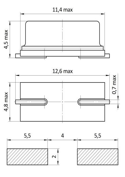 Габаритные, установочные и присоединительные размеры кварцевого резонатора РК456 МДУ (ТМП) для поверхностного монтажа